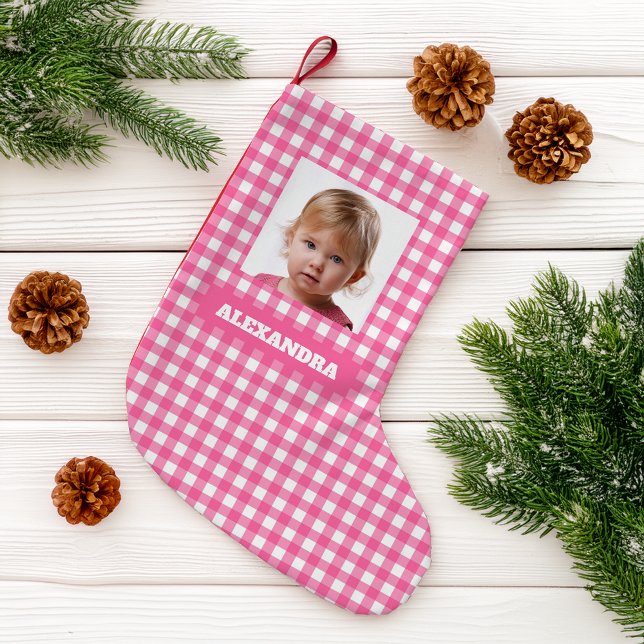 Pink Plaid Girl Photo & Name Rustic Gingham Checks Small Christmas Stocking (Creator Uploaded)