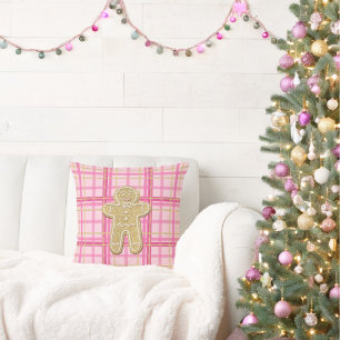 Pink Plaid Gold Glitter Gingerbread Cookie Festive Cushion