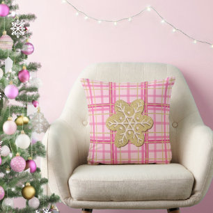 Pink Plaid Gold Glitter Gingerbread Cookie Festive Cushion
