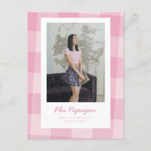 Pink Plaid Grad Flat Graduation Announcement Postcard