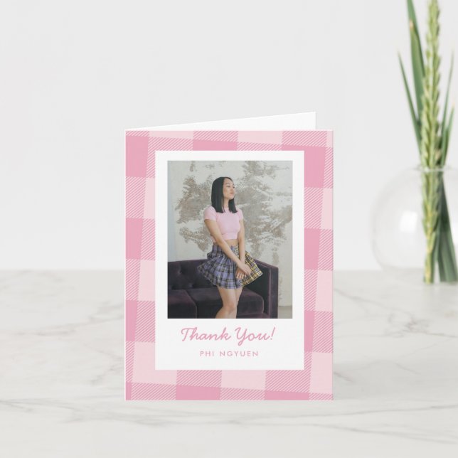 Pink Plaid Grad Folded Graduation Thank You Card (Front)
