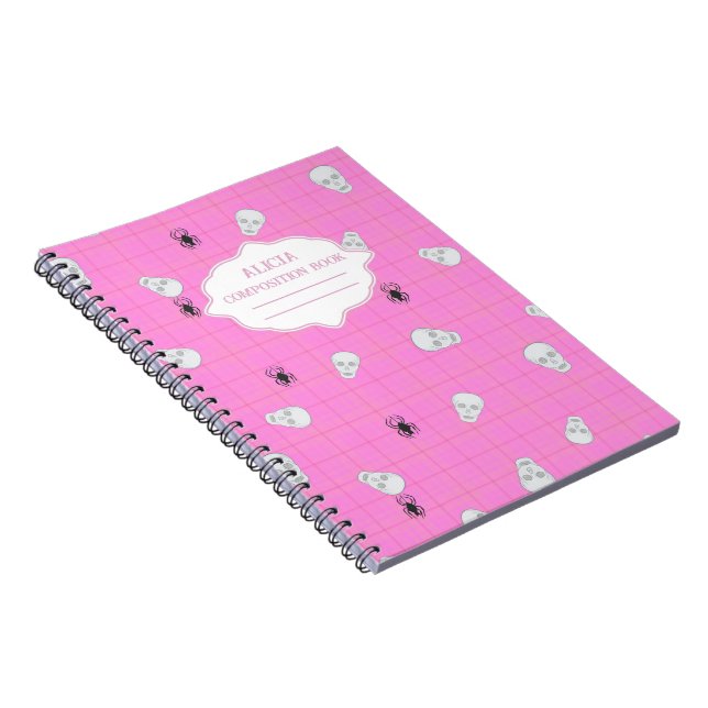 Pink plaid Halloween Skull & Spider personalised  Notebook (Right Side)