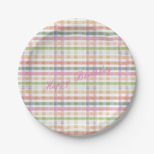 Pink Plaid Happy Birthday Paper Plates
