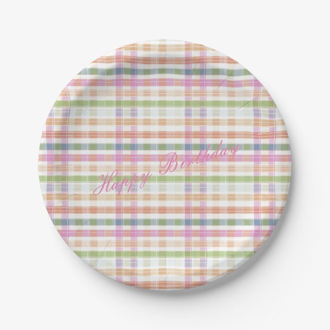 Pink Plaid Happy Birthday Paper Plates (Front)