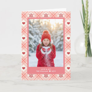 Pink Plaid Heart Snowflake  Custom Photo Folded Holiday Card
