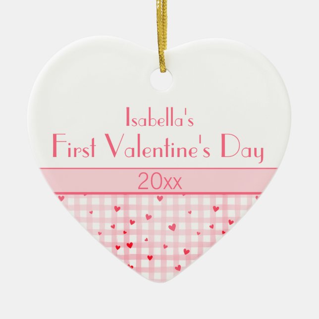 Pink Plaid Hearts Baby Photo First Valentine's Day Ceramic Tree Decoration (Front)