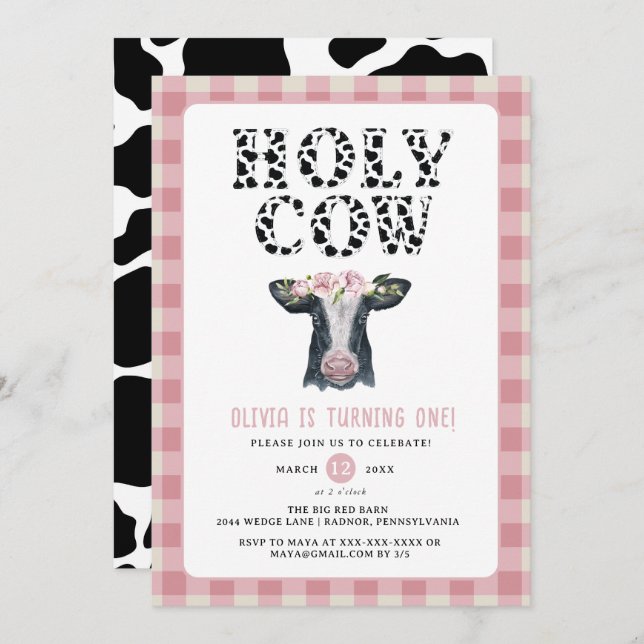 Pink Plaid Holy Cow First Birthday  Invitation (Front/Back)