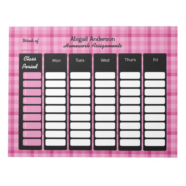 Pink Plaid Homework Assignment Notepad (Front)