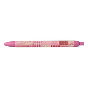 Pink plaid ink pens, can be personalised black ink pen