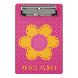 Pink plaid pattern and yellow stitched flowers mini clipboard