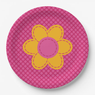 Pink plaid pattern stitched flower spring colours paper plate