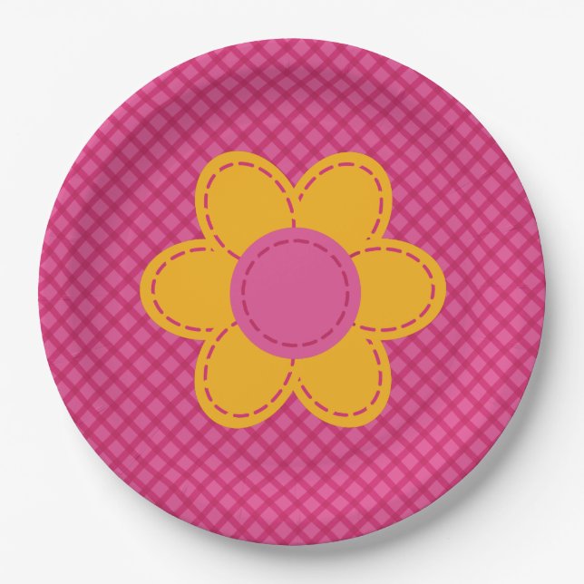 Pink plaid pattern stitched flower spring colours paper plate (Front)