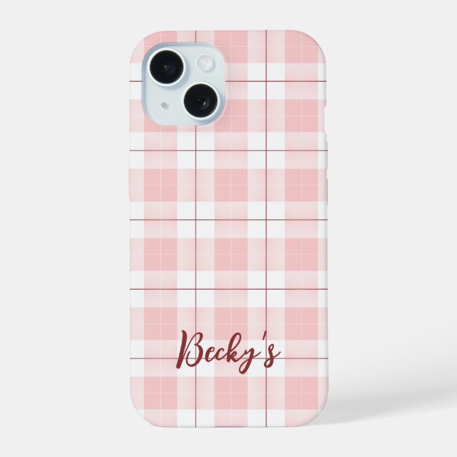 Pink Plaid Pattern with Name iPhone 15 Case (Back)