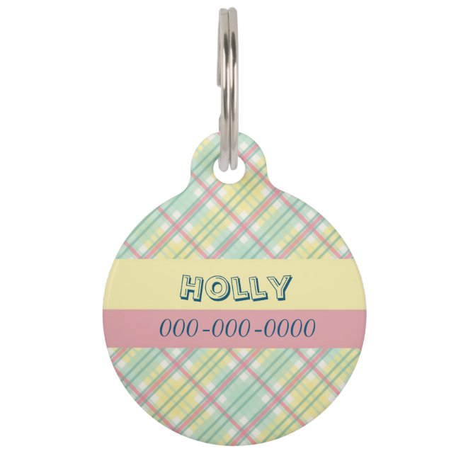 pink plaid pet tag (Front)