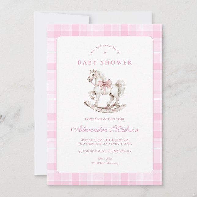 Pink Plaid Rocking Horse Baby Shower Invitation (Front)