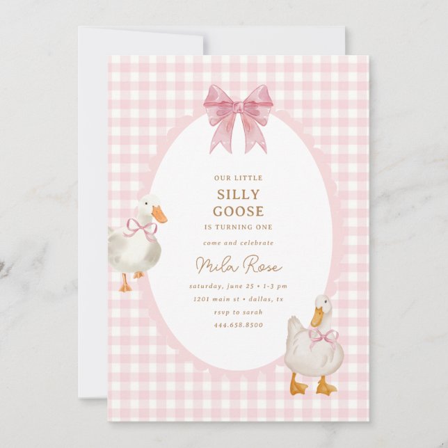 Pink Plaid Silly Goose Coquette Birthday Invitation (Front)