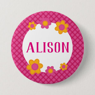 Pink plaid spring floral girls name 7.5 cm round badge