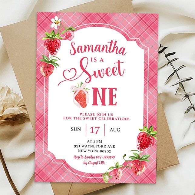 Pink Plaid Sweet One Girl Strawberry 1st Birthday Invitation (Creator Uploaded)