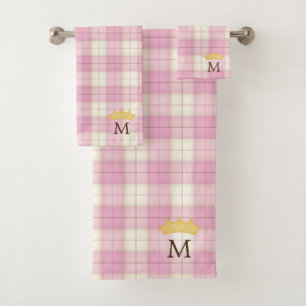 Pink Plaid Tartan Crowned Monogram Princess Bath Towel Set