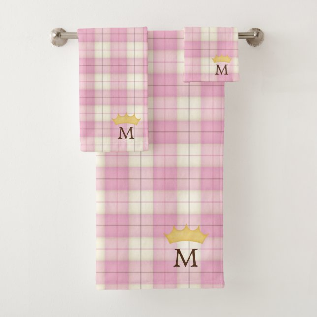 Pink Plaid Tartan Crowned Monogram Princess Bath Towel Set (Insitu)