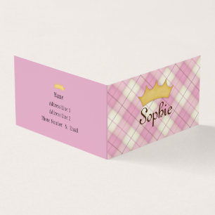 Pink Plaid Tartan Personalised Princess Play Date Business Card