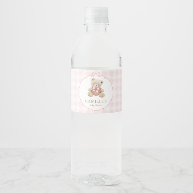 Pink Plaid Teddy Bear Baby Shower Label (Front)