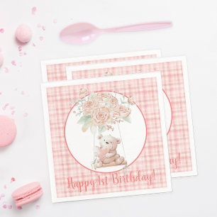 Pink Plaid Teddy Bear Birthday Napkin