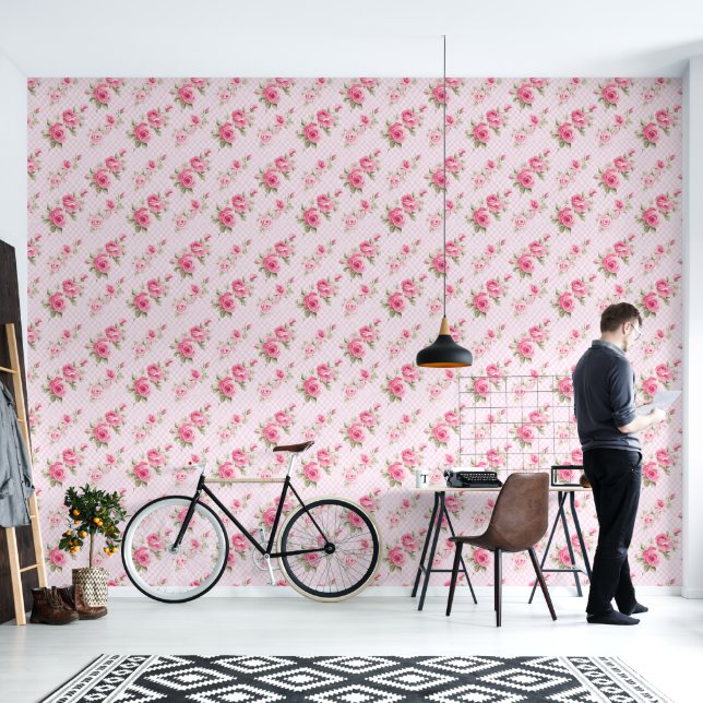 Pink Plaid Vintage Roses Wallpaper (Living Room)
