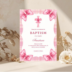 Pink Plaid Watercolor Bows & Cross Girl Baptism Invitation