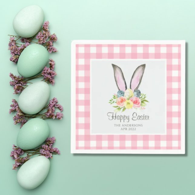 Pink Plaid Watercolor Floral Bunny Ears Easter Napkin (Creator Uploaded)