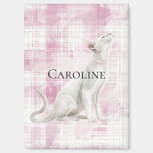 Pink Plaid White Cat Magnet (Front)