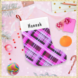 Pink Plaid Winter Patterned Chic Personalised Name Small Christmas Stocking