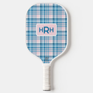 Pink Plaid with Modern Monogram Pickleball Paddle