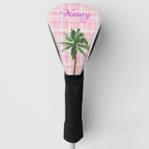Pink Plaid with Palm and Custom Monogram Golf Head Cover