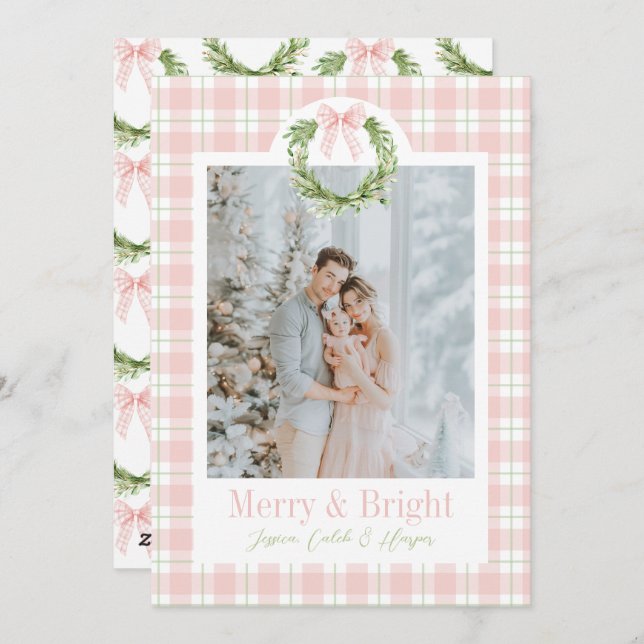 Pink Plaid Wreath Preppy Wreath Bow Christmas Card (Front/Back)