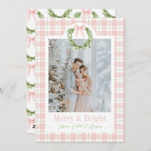 Pink Plaid Wreath Preppy Wreath Bow Christmas Card
