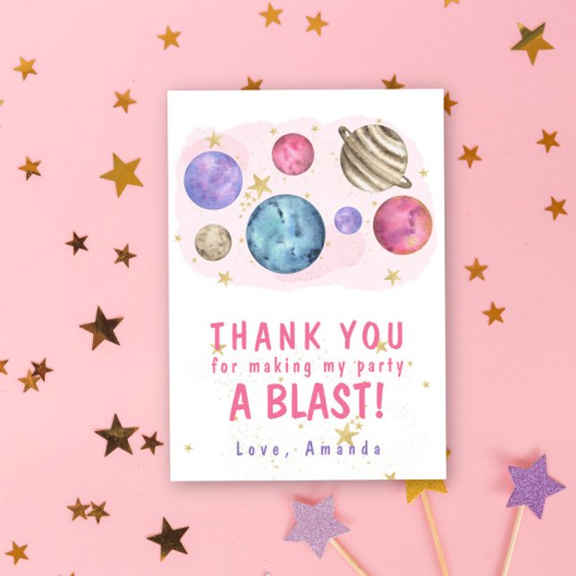 Pink Planets Space Birthday Party Thank You Card (Creator Uploaded)