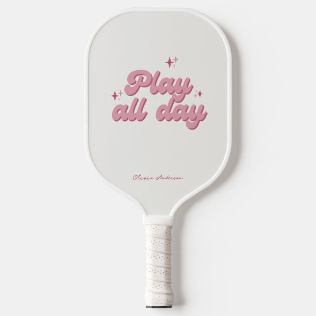 Pink Play All Day Retro Personalised Name Pickleball Paddle (Front)