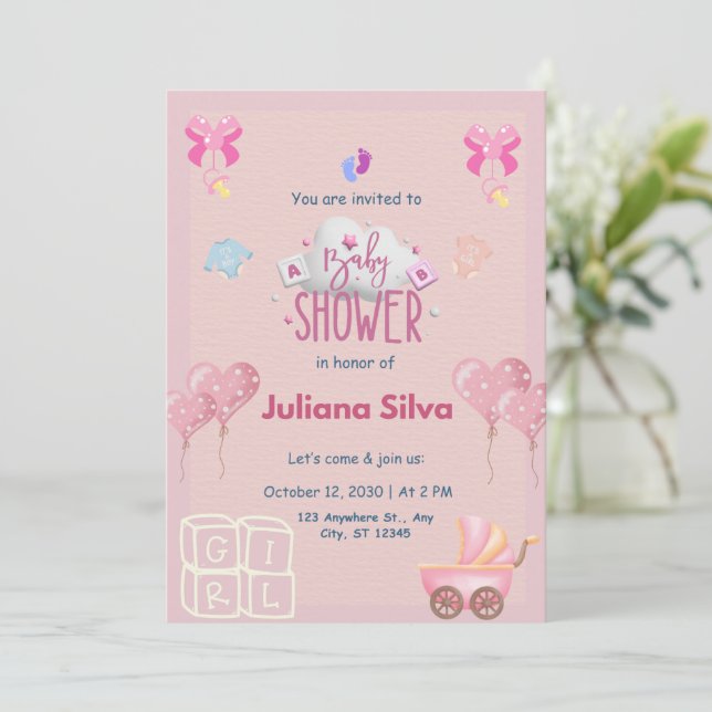 Pink playful Baby Shower Invitation  (Standing Front)