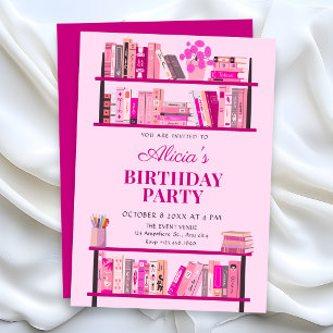 Pink playful books birthday invitation