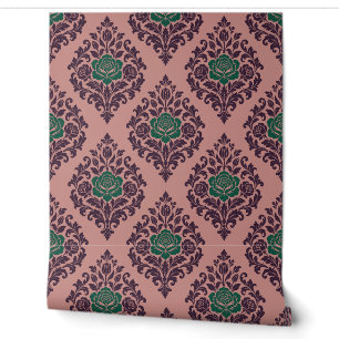 Pink, Plum and Emerald Rose Damask Wallpaper