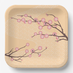 Pink Plum Blossom on Yellow Paper Plate