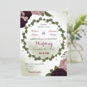 pink plum burgundy flowers green wreath wedding  invitation