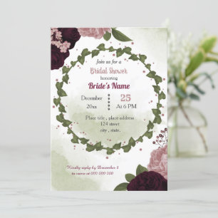 pink plum burgundy flowers greenery bridal shower invitation