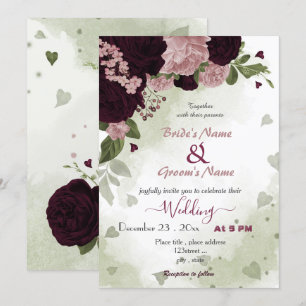 pink plum burgundy flowers greenery wedding invitation