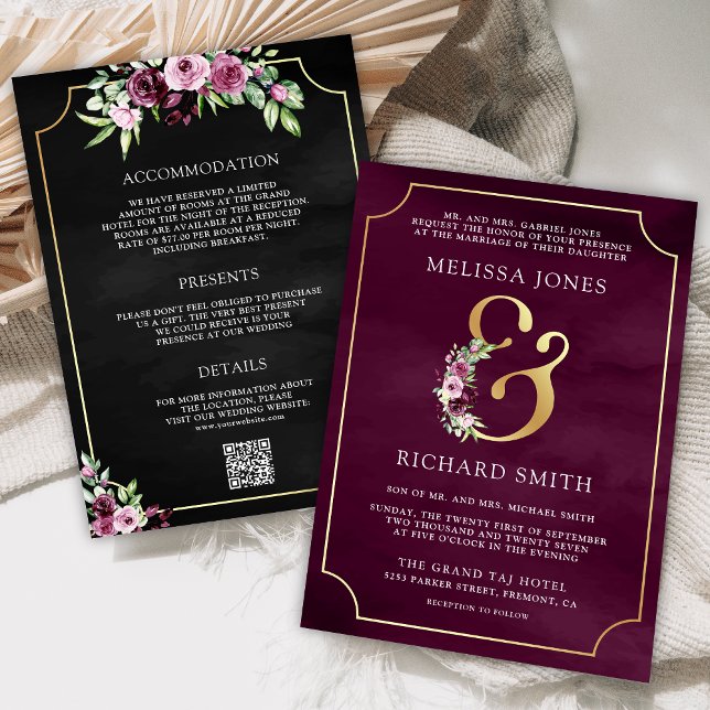 Pink Plum Floral Ampersand Black QR Code Wedding Invitation (Creator Uploaded)