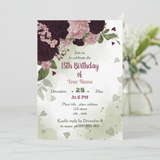 pink plum flowers greenery birthday party invitation (Standing Front)