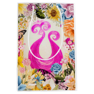 Pink Plum Peacock with colorful flowers Medium Gift Bag