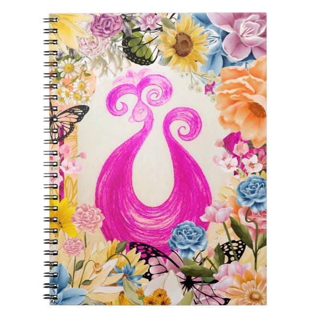 Pink Plum Peacock with colourful flowers Notebook (Front)