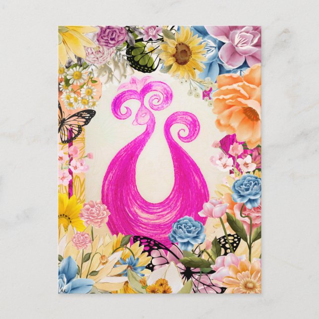 Pink Plum Peacock with colourful flowers Postcard (Front)